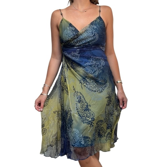 Vintage y2k Laundry by Shelli Segal Beaded Strap Silk Fairy Garden Midi Dress 6 - Picture 14 of 14